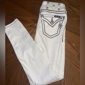 Y2K Miss Me Ivory Jeans with Gems and Black Stitching